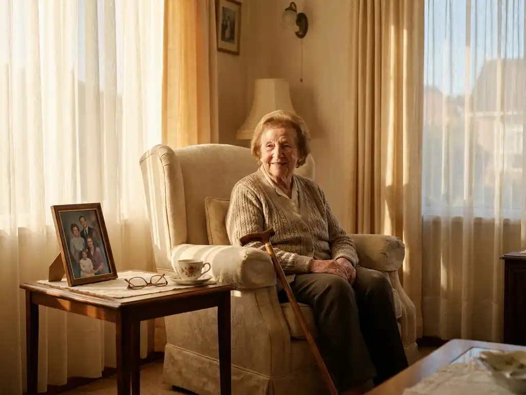 Oudere persoon in zonnige fauteuil met loophulp, theekopje, leesbril en ingelijste foto op bijzettafel, warme amberkleurige sfeer.