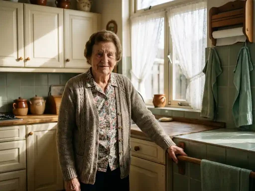 Oudere vrouw in lichte Nederlandse keuken, hand op beugel naast het aanrecht, warm middaglicht door kanten gordijnen.