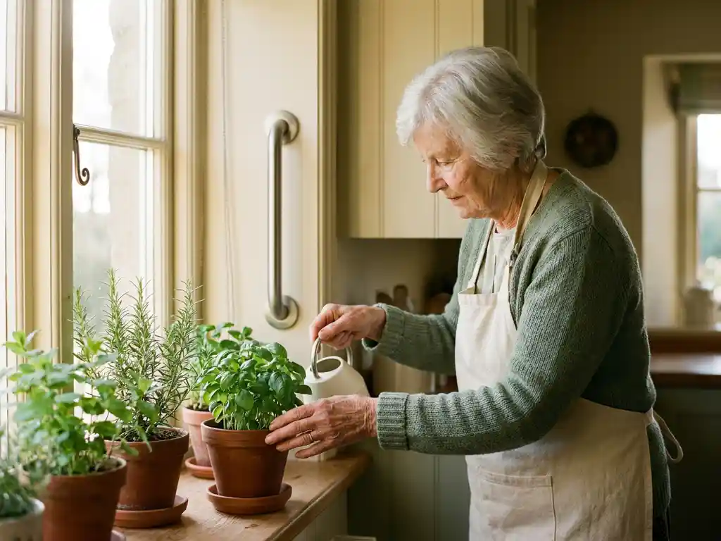 Oudere vrouw met zilvergrijs haar verzorgt kruidenplanten op een zonnig keukenvensterbank, met een beugel aan de muur.