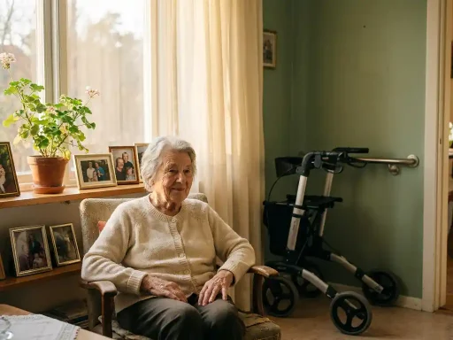 Oudere vrouw met zilvergrijs haar in zonnige woonkamer, rollator en beugels zichtbaar, omringd door familiefoto's en kamerplant.