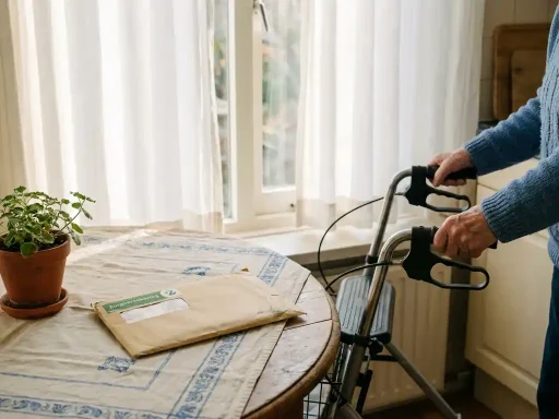 Zilveren rollator naast een houten keukentafel in een Nederlandse woning, met een zorgverzekeringsbrief en klein potplantje op de achtergrond.