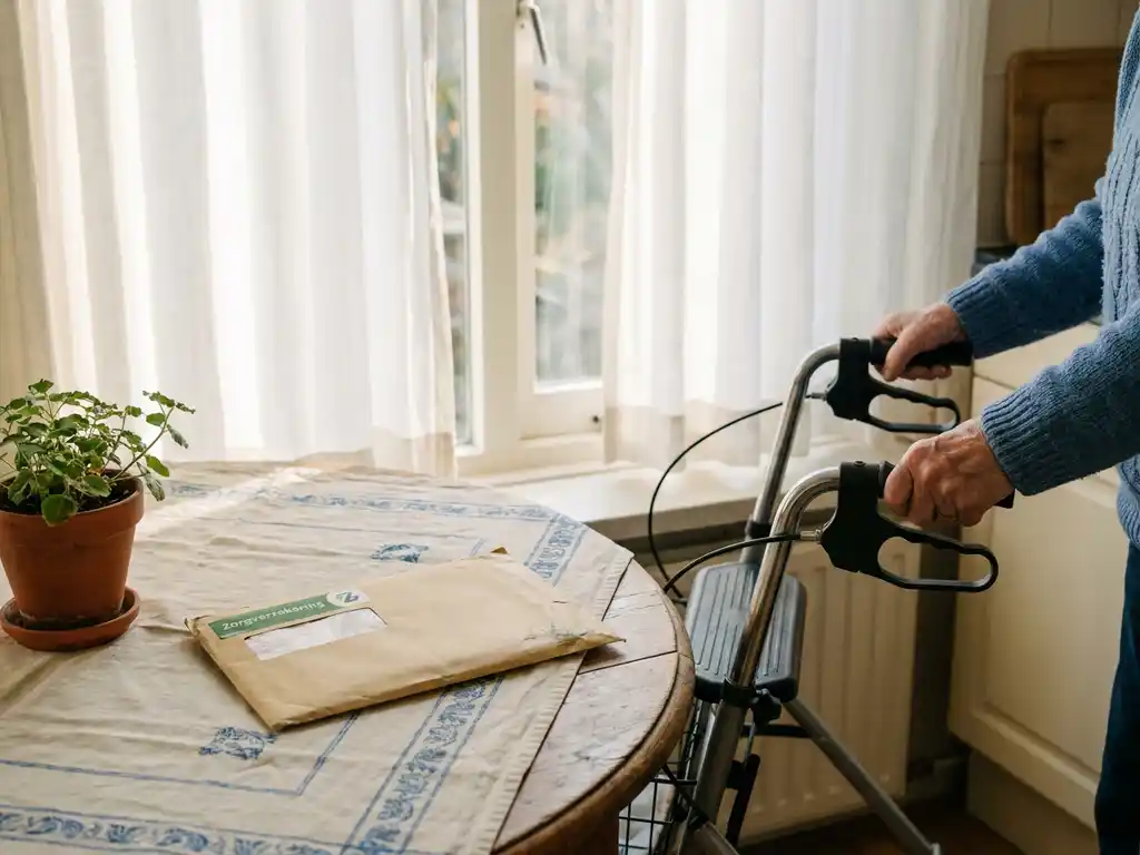 Zilveren rollator naast een houten keukentafel in een Nederlandse woning, met een zorgverzekeringsbrief en klein potplantje op de achtergrond.