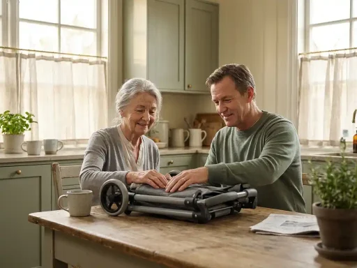 Oudere ouder en volwassen kind onderzoeken samen een rollator aan de keukentafel in een warme, lichte thuisomgeving.