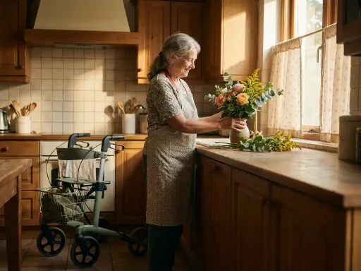 Oudere vrouw schikt verse bloemen op een zonnig keukenblad, met een rollator naast haar en houten kasten op de achtergrond.