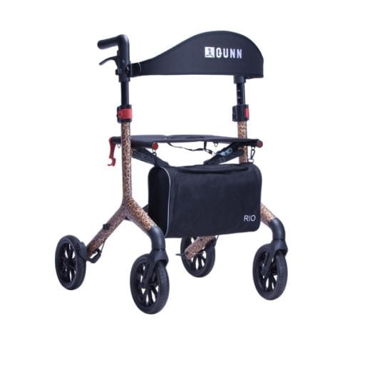Rollator Rio inclusief rugsteun - panterprint Lichtgewicht Rio rollator met rugsteun, tas en panterprint frame op witte achtergrond