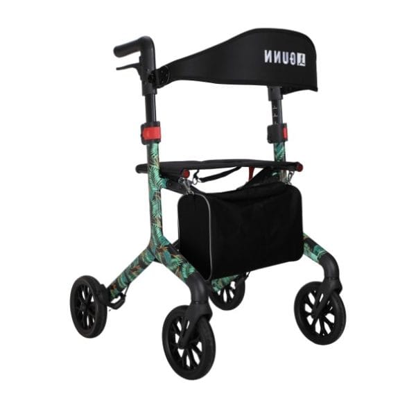 Lichtgewicht Rio rollator met rugsteun, zwarte tas en tropicalprint frame op witte achtergrond