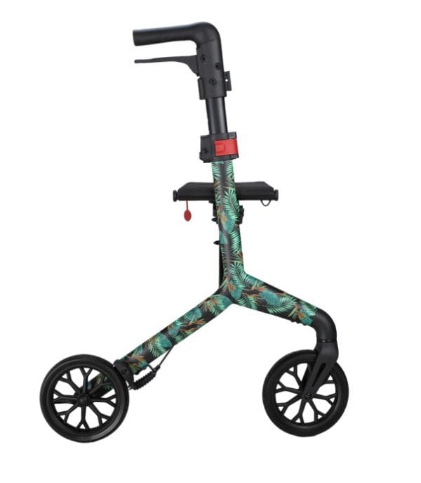 Lichtgewicht Rollator Rio met tropische bladprint, zwart stuur, rugsteun en drie wielen op witte achtergrond.
