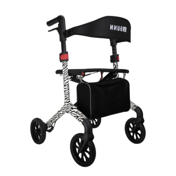 Lichtgewicht Rio rollator met rugsteun, luxe tas en zebraprint frame op witte achtergrond