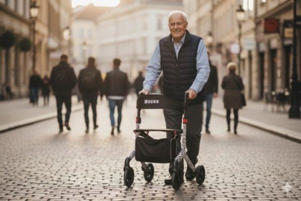 Oudere man loopt met de Rollator Rio met rugsteun en printaccenten over een geplaveide straat in de stad.