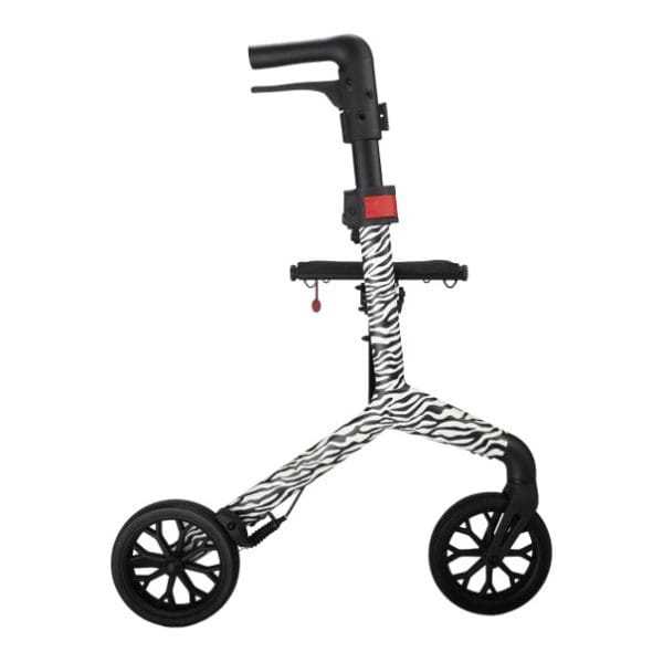Rollator Rio met zwart-witte zebraprint, drie wielen en verstelbare handgreep op witte achtergrond