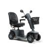 Grijze Scootmobiel EON met comfortabele stoel, spiegels en mandje op witte achtergrond