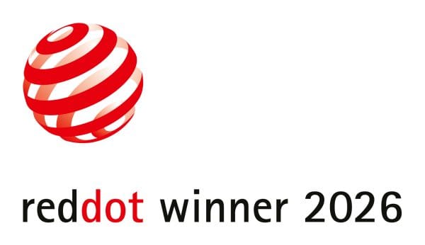 Red Dot Winner 2026-logo met rode bolvorm en zwarte tekst op witte achtergrond