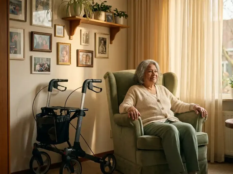 Oudere volwassene rust in fauteuil met rollator naast zich, familyfoto's aan de muur, warm middaglicht door vitrage.