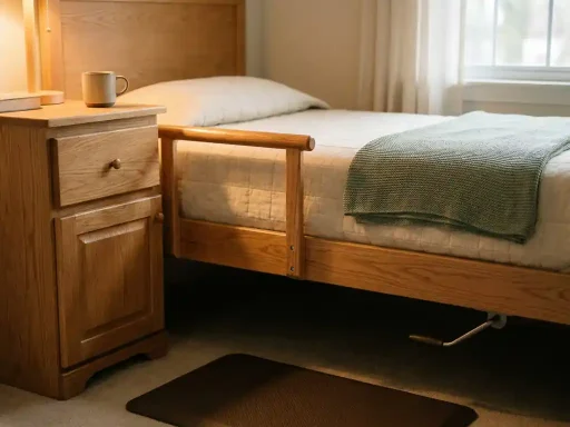 Houten nachtkastje naast een seniorenbed met beugel op het bedhek, antislipmat op de vloer en zachte lampverlichting in een veilige slaapkamer.