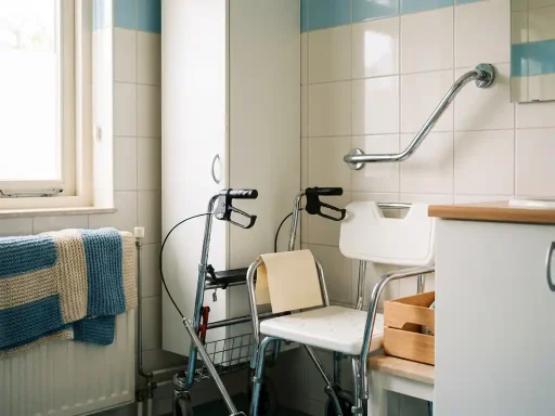 Rollator, beugel en douchestoel in een lichte Nederlandse badkamer, met een zorgverzekeringsdocument ernaast.