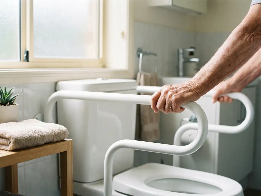 Witte toiletbeugel bevestigd aan toiletpot, met oudere handen die de rail vasthouden in een lichte badkamer.