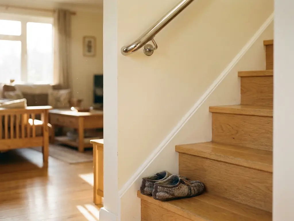 Chromen trapleuning aan een houten binnentrap biedt extra houvast bij dagelijks veilig op- en afgaan