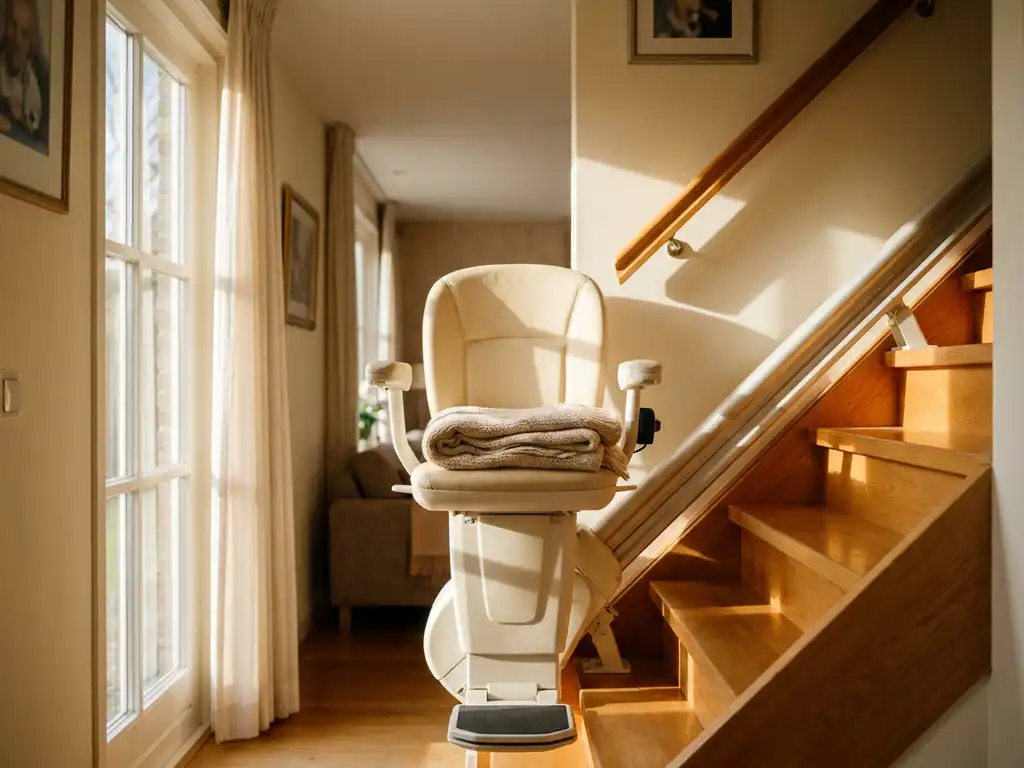 Traplift op een glanzende houten trap in een zonnige Nederlandse woning, met een gevouwen deken op de stoel.