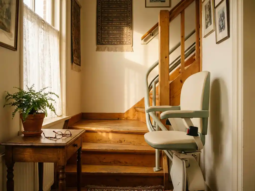 Crèmekleurige traplift met zitting en veiligheidsgordel langs een houten trap in een Nederlandse woning