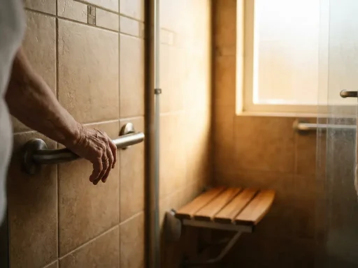 Oudere hand op een grijze beugel in badkamer met inloopdouche, houten douchestoel en warm tegellicht op de achtergrond.