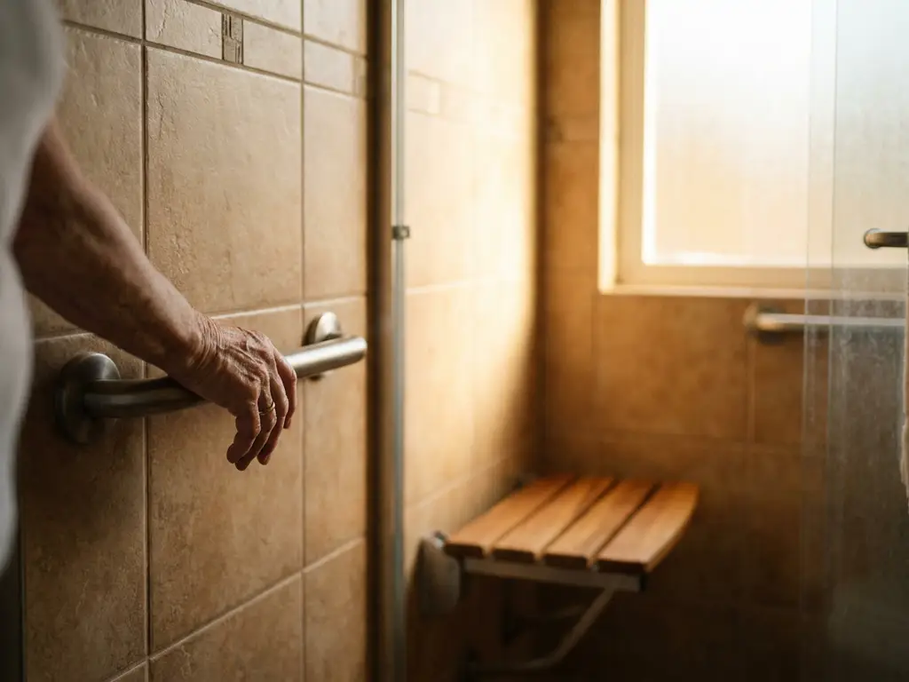 Oudere hand op een grijze beugel in badkamer met inloopdouche, houten douchestoel en warm tegellicht op de achtergrond.