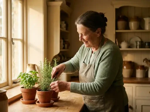 Zelfstandige oudere vrouw die kruiden verzorgt op een zonnig keukenvensterbank, warm interieur met houten werkblad.