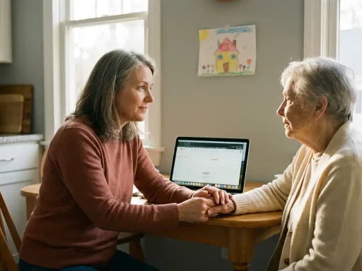Vrouw aan keukentafel houdt hand vast van oudere ouder naast haar, laptop open, kindertekening aan de muur, warm middaglicht.