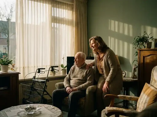 Verzorger legt hand op schouder van oudere in gezellige woonkamer, rollator op achtergrond, warm middaglicht.