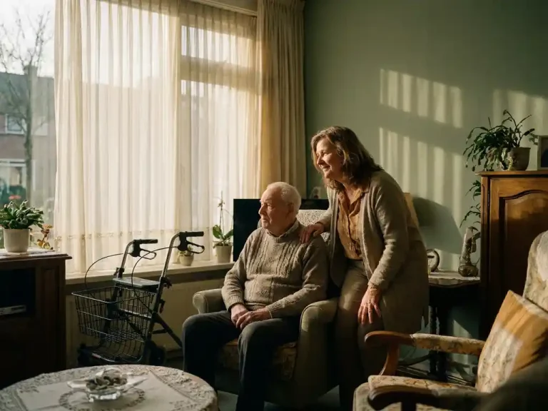 Verzorger legt hand op schouder van oudere in gezellige woonkamer, rollator op achtergrond, warm middaglicht.