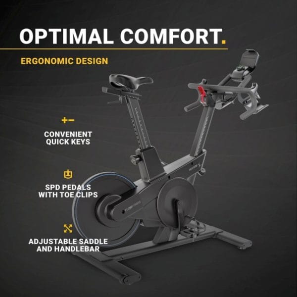 Flow Fitness Perform S2i spinningfiets met verstelbaar zadel en stuur, SPD-pedalen met teenclips en sneltoetsen op donker vlak