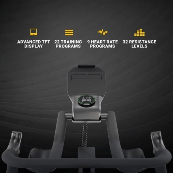 Flow Fitness Perform S2i spinningfiets met zwart stuur, geavanceerd TFT-display en bediening voor trainingsprogramma’s