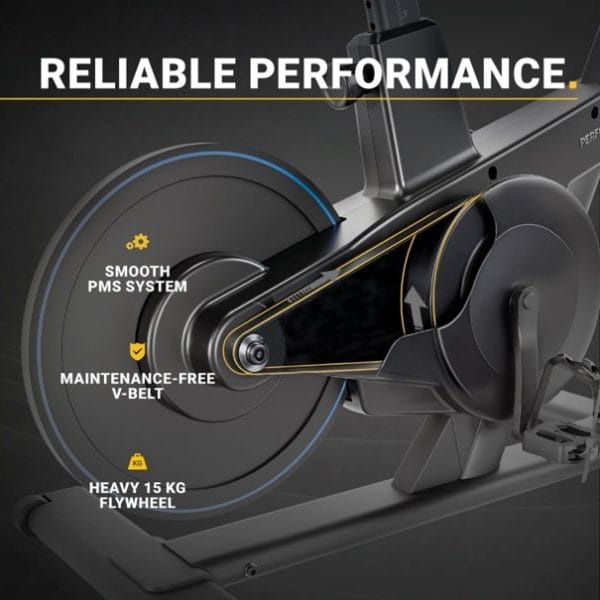Zwarte Flow Fitness Perform S2i spinningfiets met zichtbaar 15 kg vliegwiel, onderhoudsvrije V-riem en pedalen voor thuisgebruik