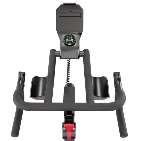 Zwarte Flow Fitness Perform S2i spinningfiets met rond trainingsdisplay, tablethouder, gebogen stuur en rode weerstandsknop