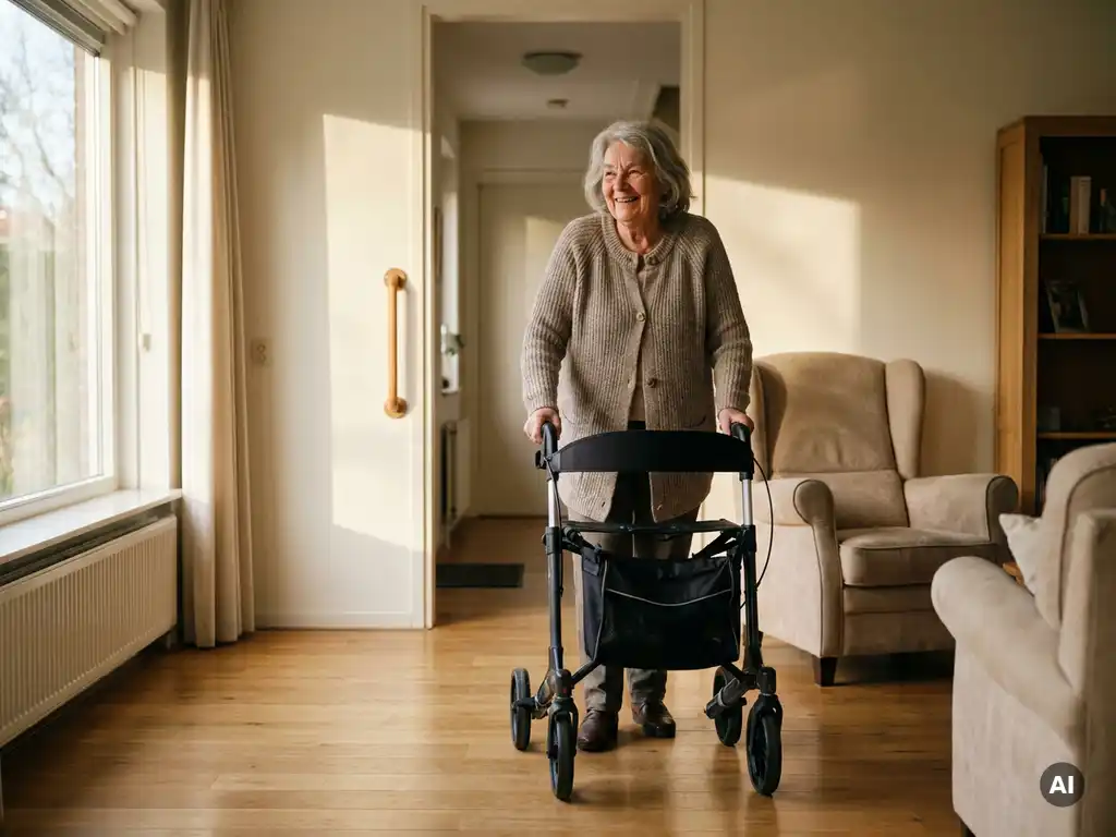 Oudere Nederlandse vrouw met vierwielige rollator in lichte woonkamer met eiken vloer en beugel bij deuropening.