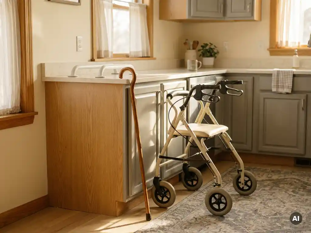 Beige rollator met zwart handvat en zitje naast een houten wandelstok in een keuken, klaar voor dagelijks gebruik
