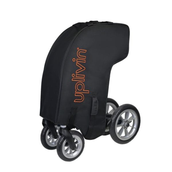 Zwarte Uplivin transporttas voor de Glide 2-in-2 rollator, die de ingeklapte rollator beschermt tijdens vervoer