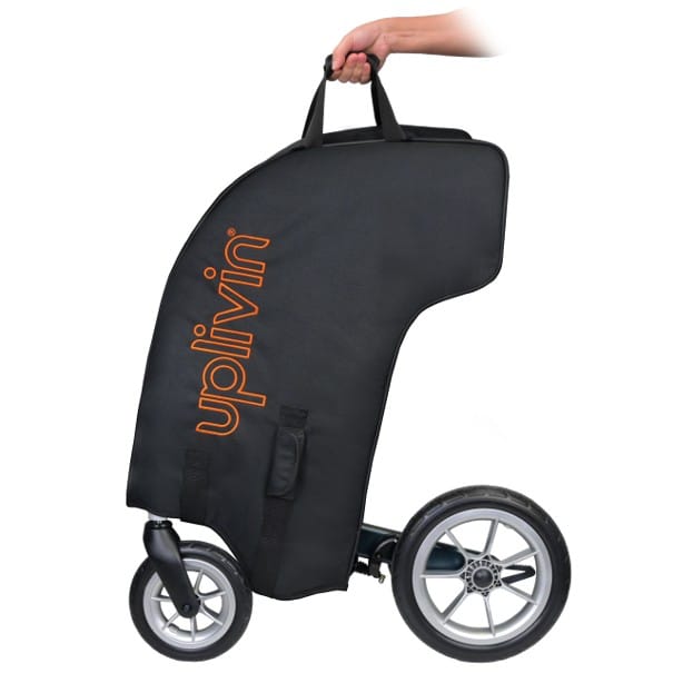 Zwarte Uplivin transporttas voor de Glide 2-in-1, gedragen aan het handvat terwijl de wielen zichtbaar zijn