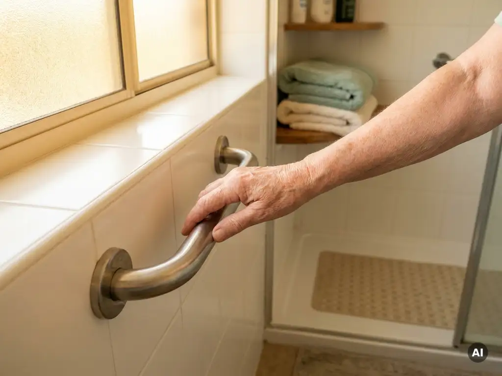 Rvs veiligheidsbeugel aan betegelde badkamermuur, vastgehouden door senior voor extra steun bij douche en toilet